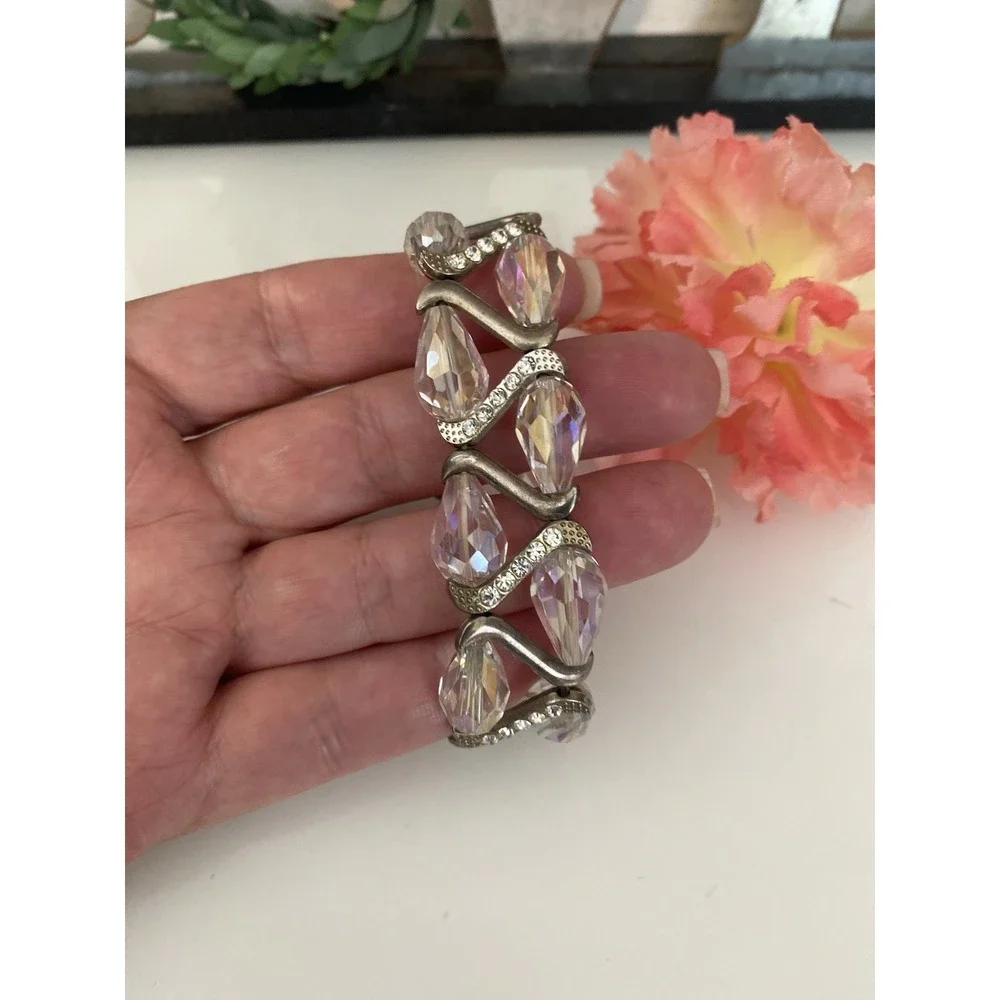 Vintage Silvertone‎ Faceted Beaded Sparkly Rhinestones Stretch Bracelet Sparkle